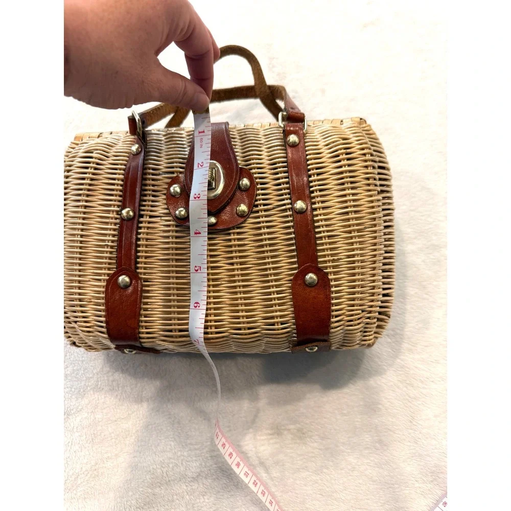 Vintage 1950s British Wicker Basket Handbag Brown Leather Trim Mid-Century Woven